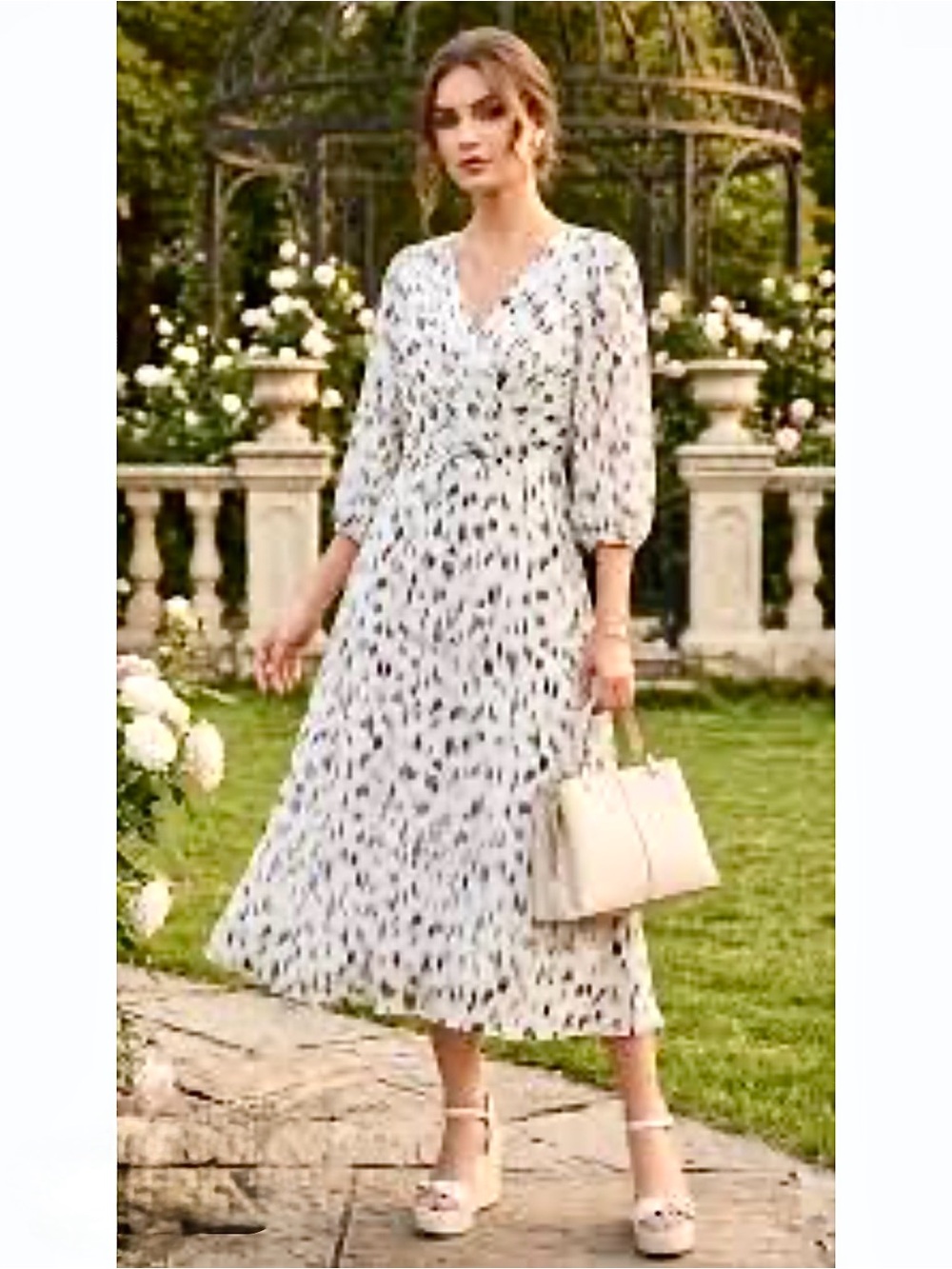 DKNY White Chiffon Wrap Dress with Black & Silver Brushstroke Print Size 4 NWOT